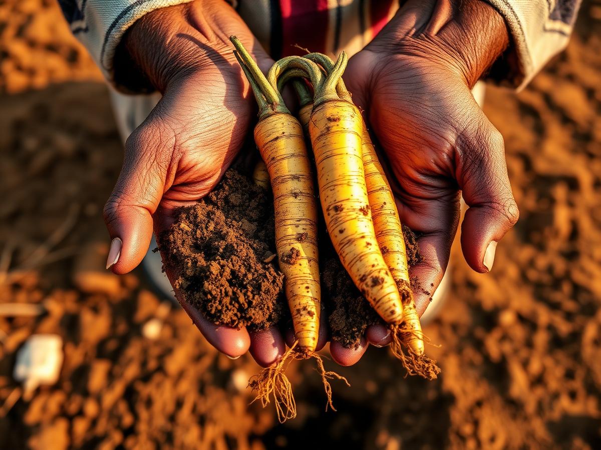 Indian farmer holding fresh turmeric roots